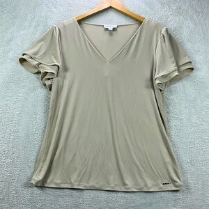 Calvin Klein Blouse Size L Tan Ruffle Short Sleeve V Neck Neutral Casual Career